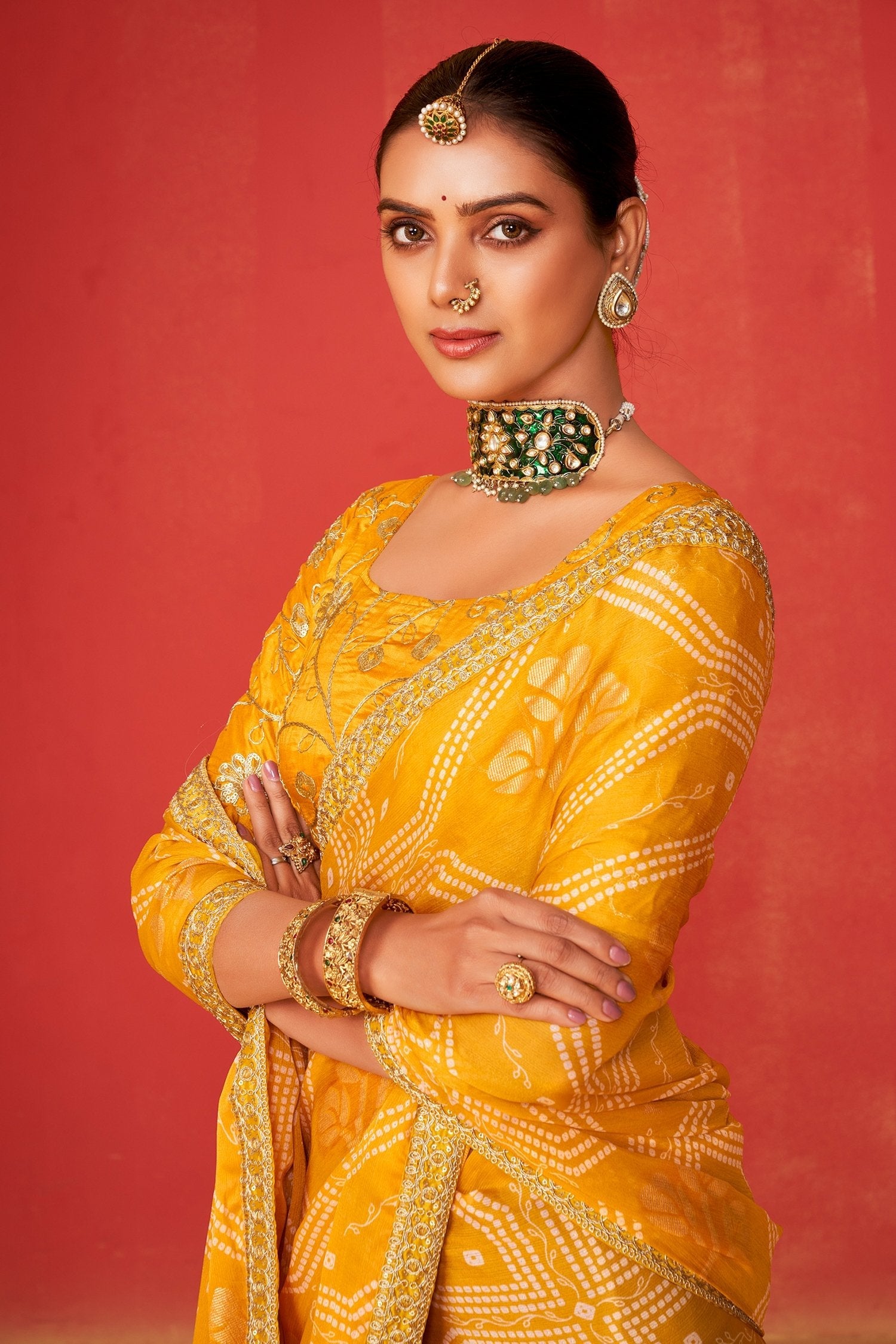 Cyber Yellow Chiffon Bandhani Embroidery Saree