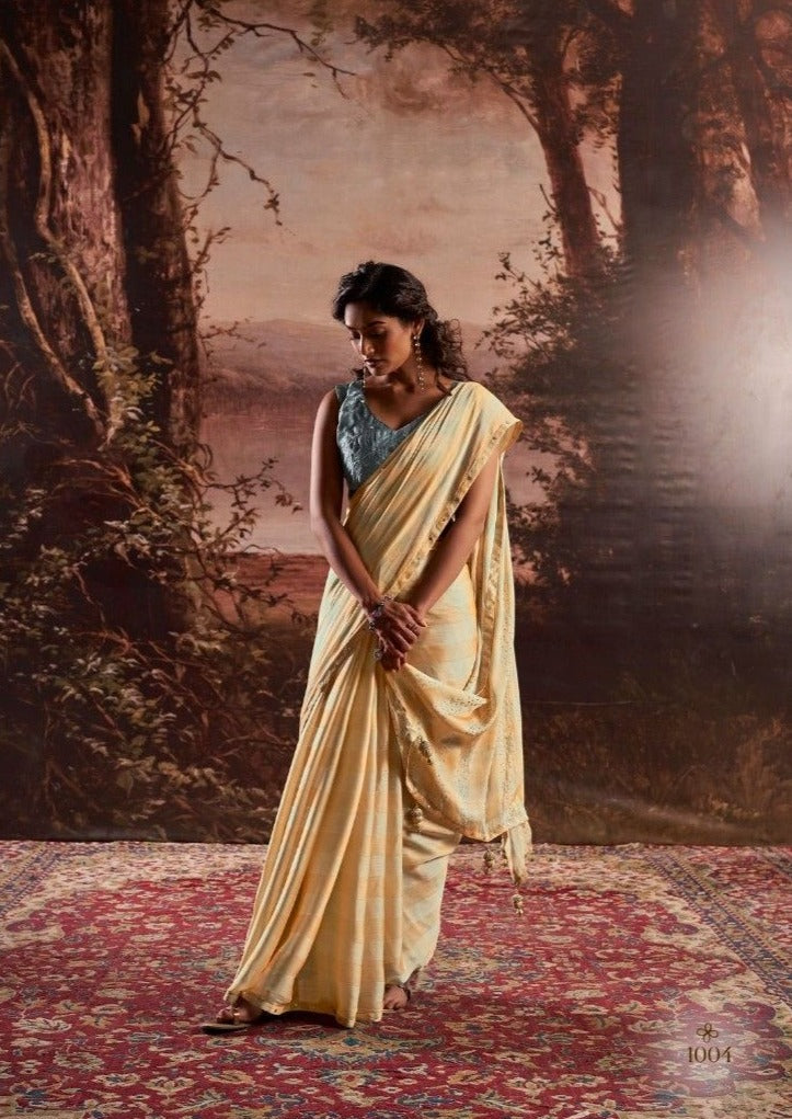 Fancy Sober Colours Velvet Chiffon Saree With Latkan & Embrodiery Blouse