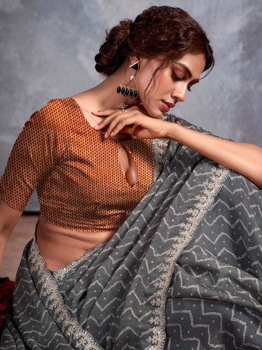 Stone Grey Designer Georgette Bandhani Saree