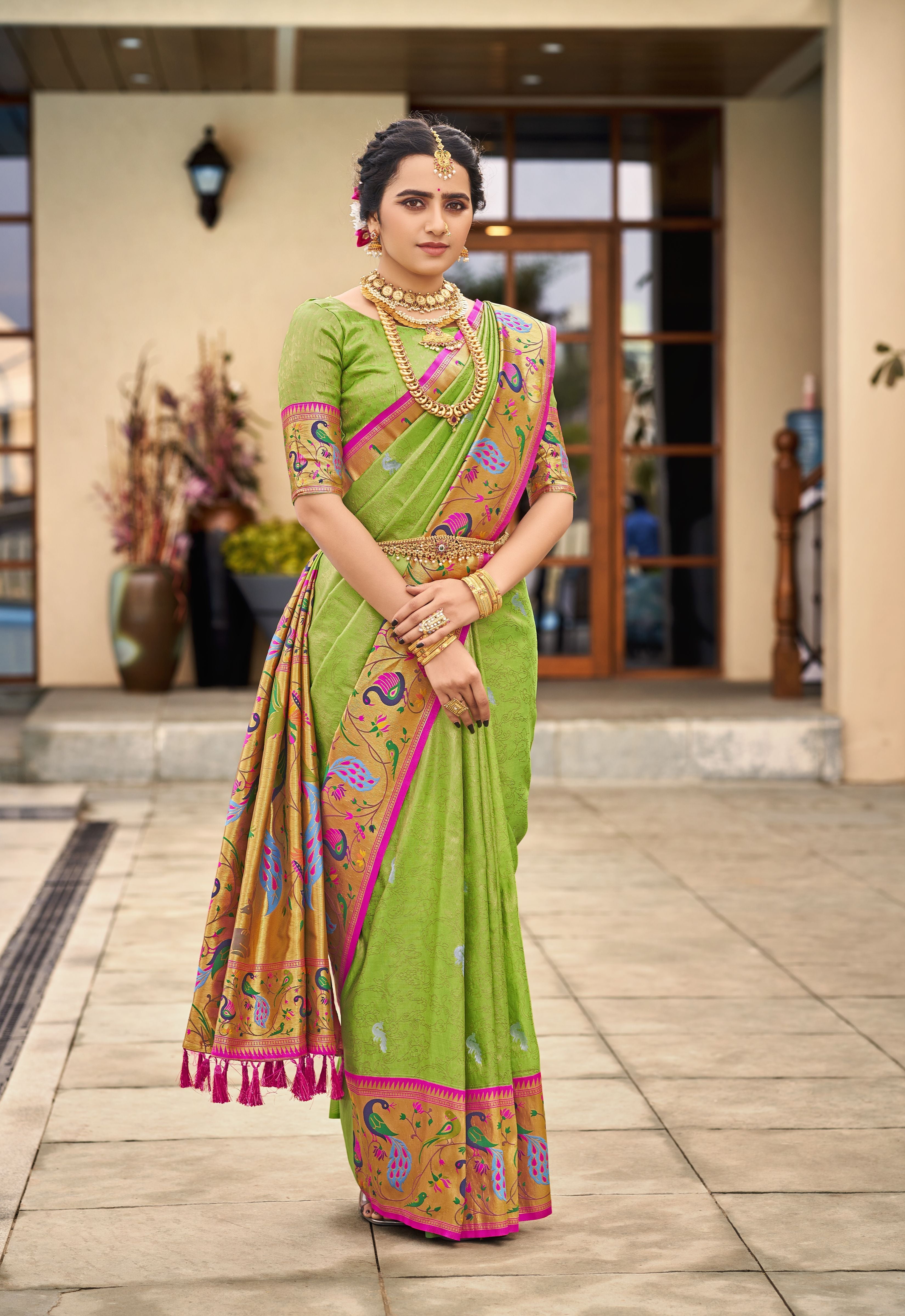 Peridot Green Woven Paithani Silk Saree