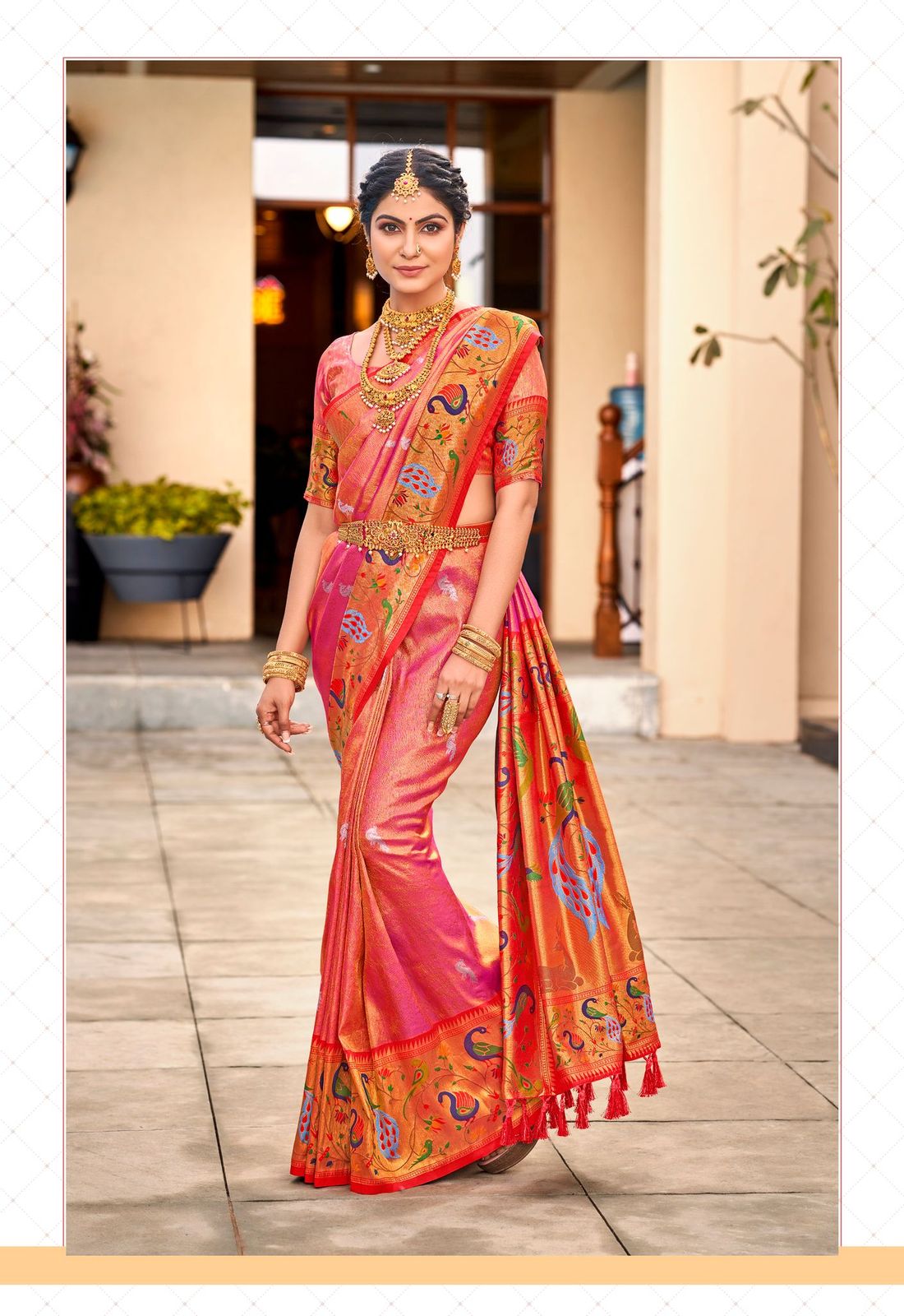 Roman Pink Woven Paithani Silk Saree