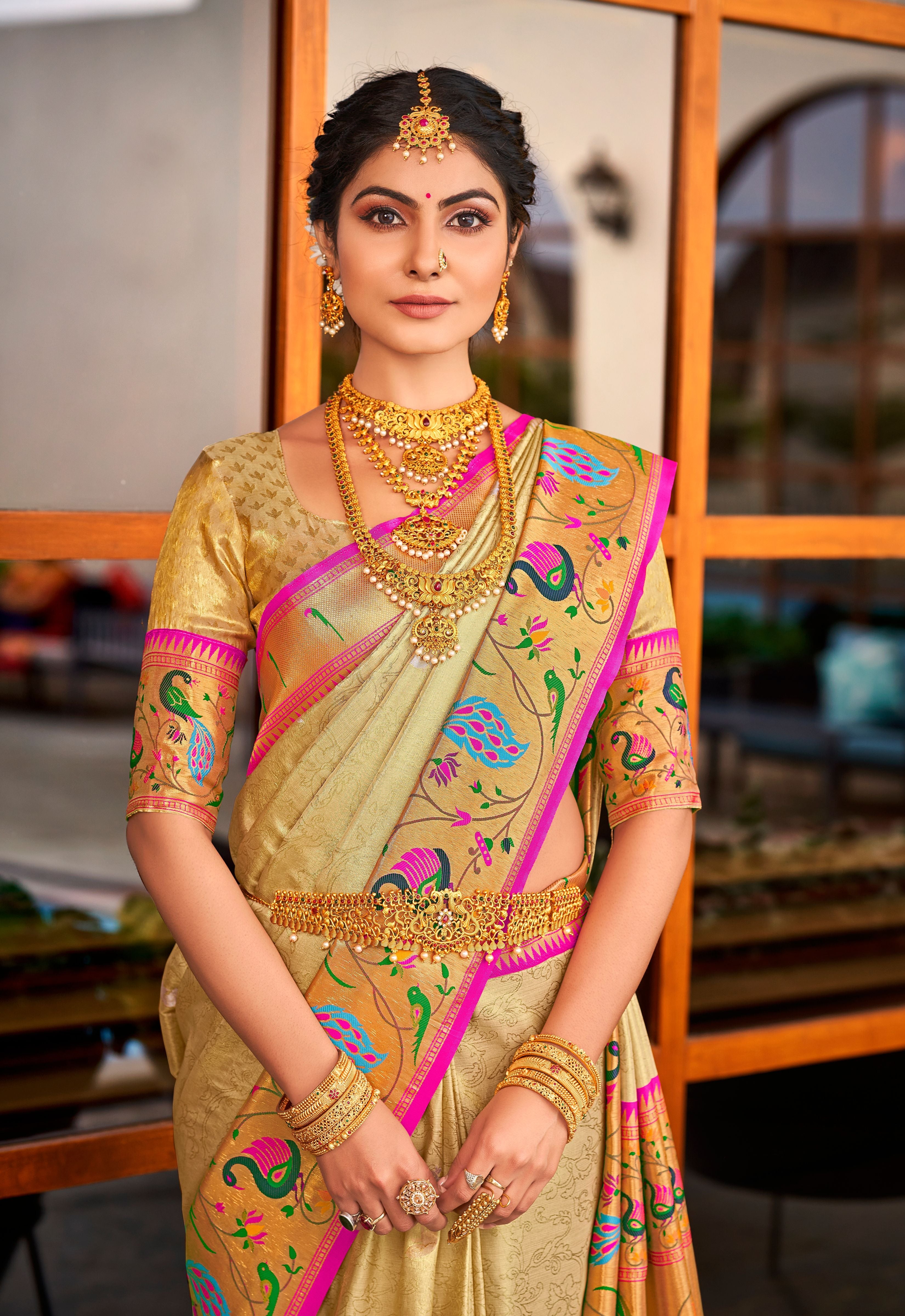 Golden Straw Cream Woven Paithani Silk Saree