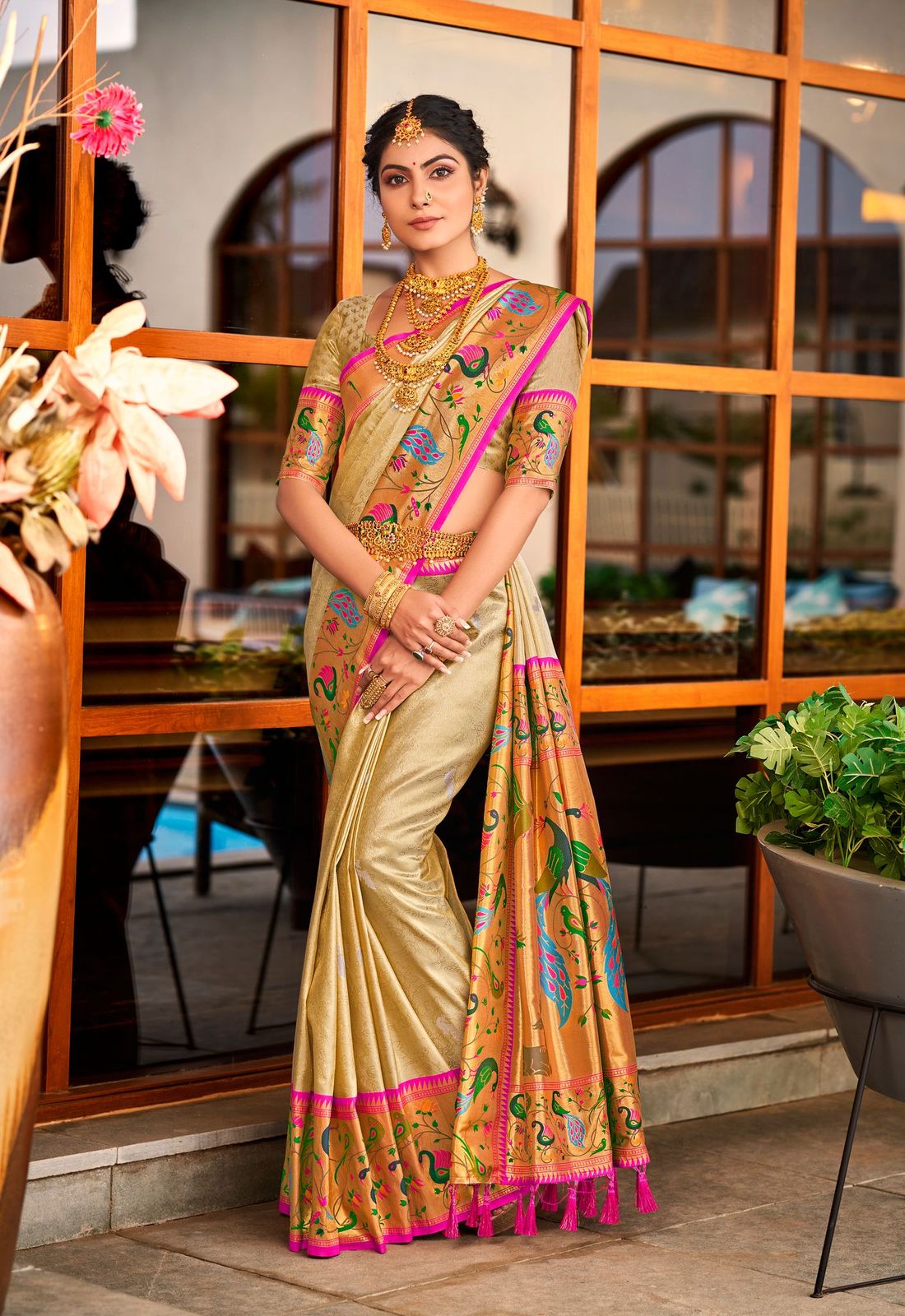 Golden Straw Cream Woven Paithani Silk Saree