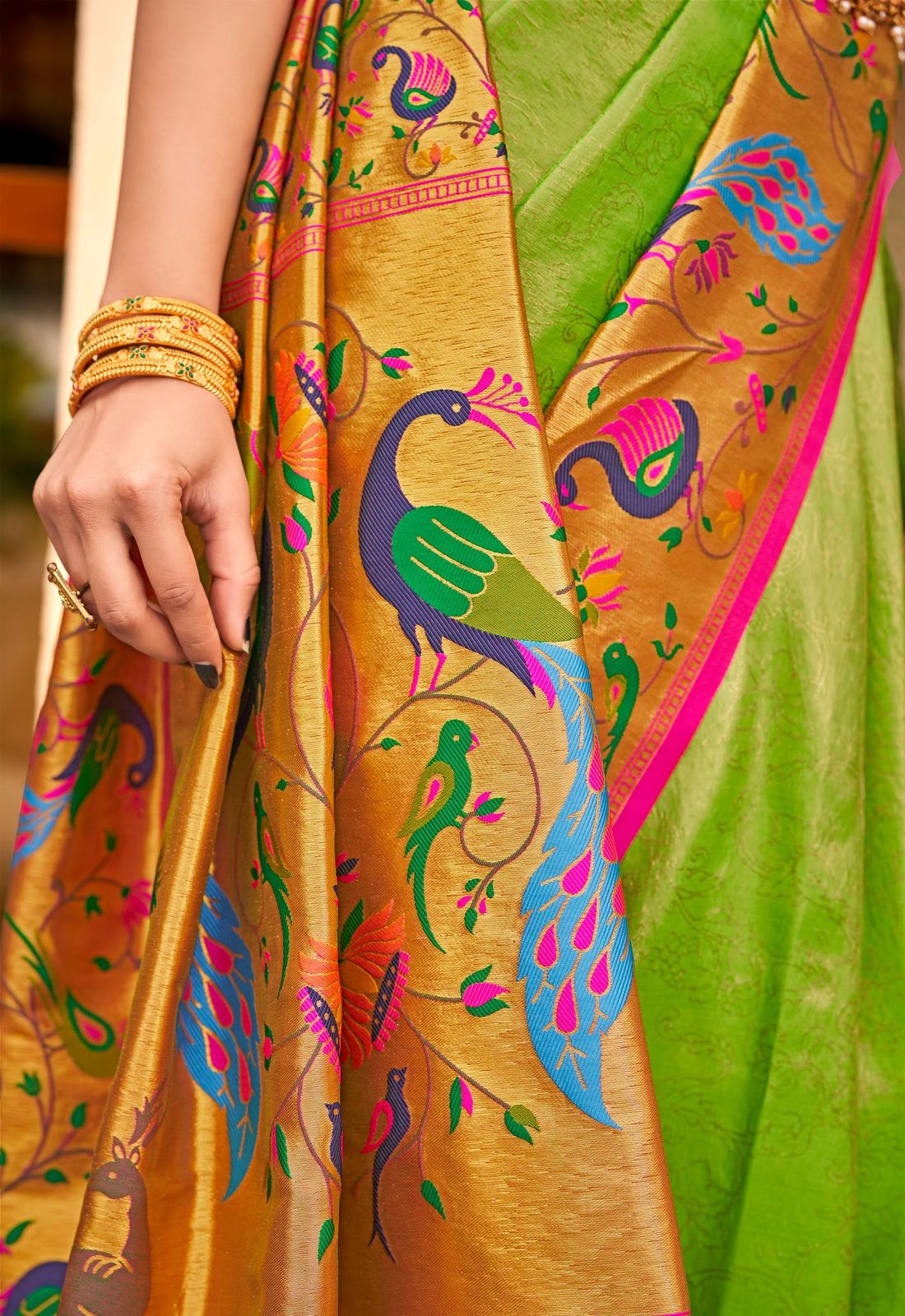 Peridot Green Woven Paithani Silk Saree