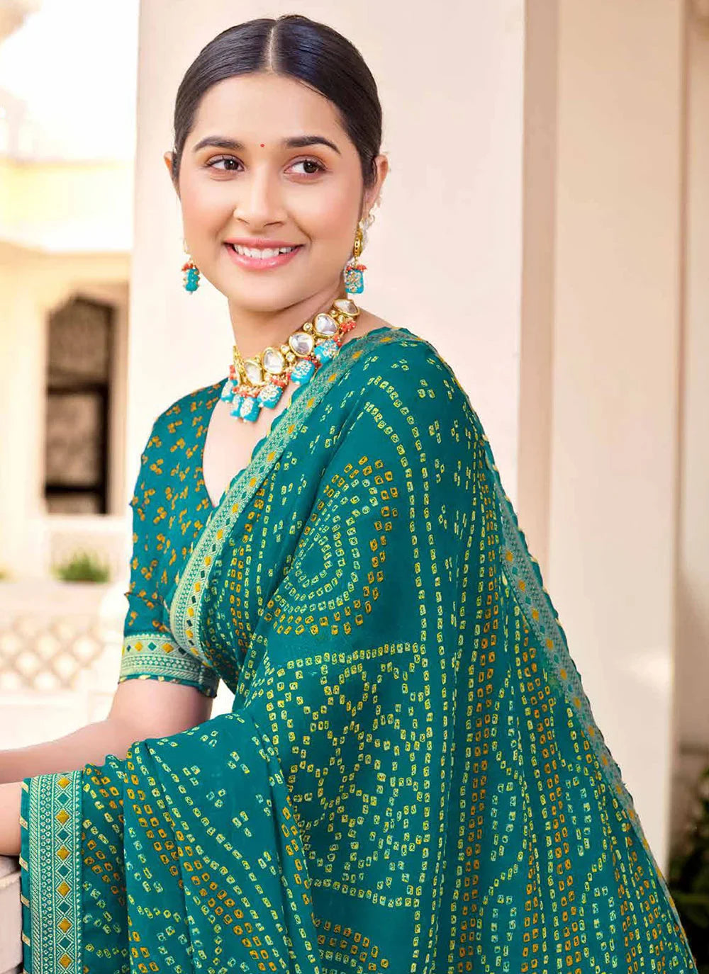 Paradiso Green Chiffon Bandhani Saree