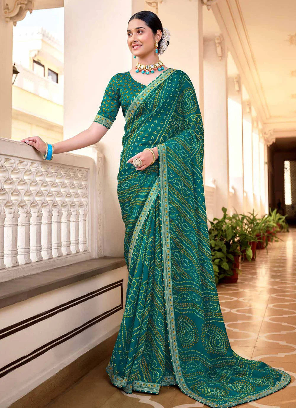 Paradiso Green Chiffon Bandhani Saree