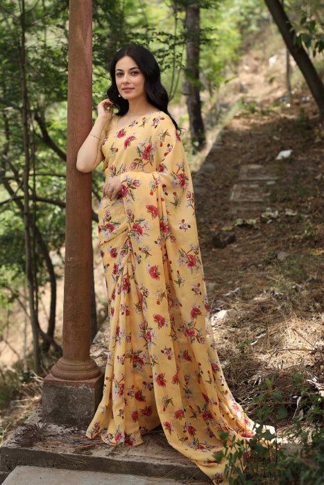 Premium Chiffon Saree With Vintage Floral Prints