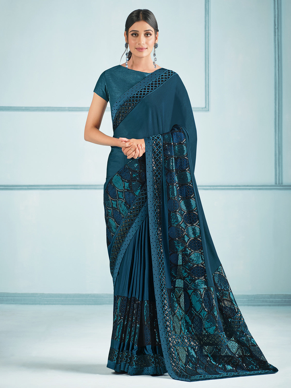 Bismark Blue Embroidery Designer Georgette Partywear Saree