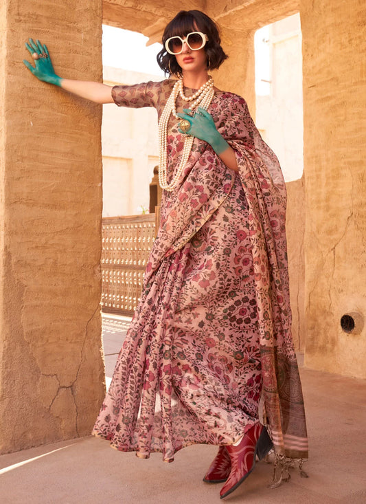 Fabulous Pink Handwoven Zari Tissue Printed Saree With Contrast Pallu