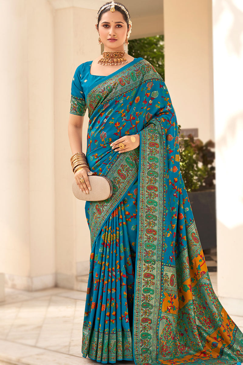 Pashmina Tusser Silk Saree in Sea Blue