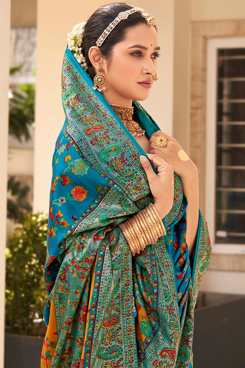 Pashmina Tusser Silk Saree in Sea Blue