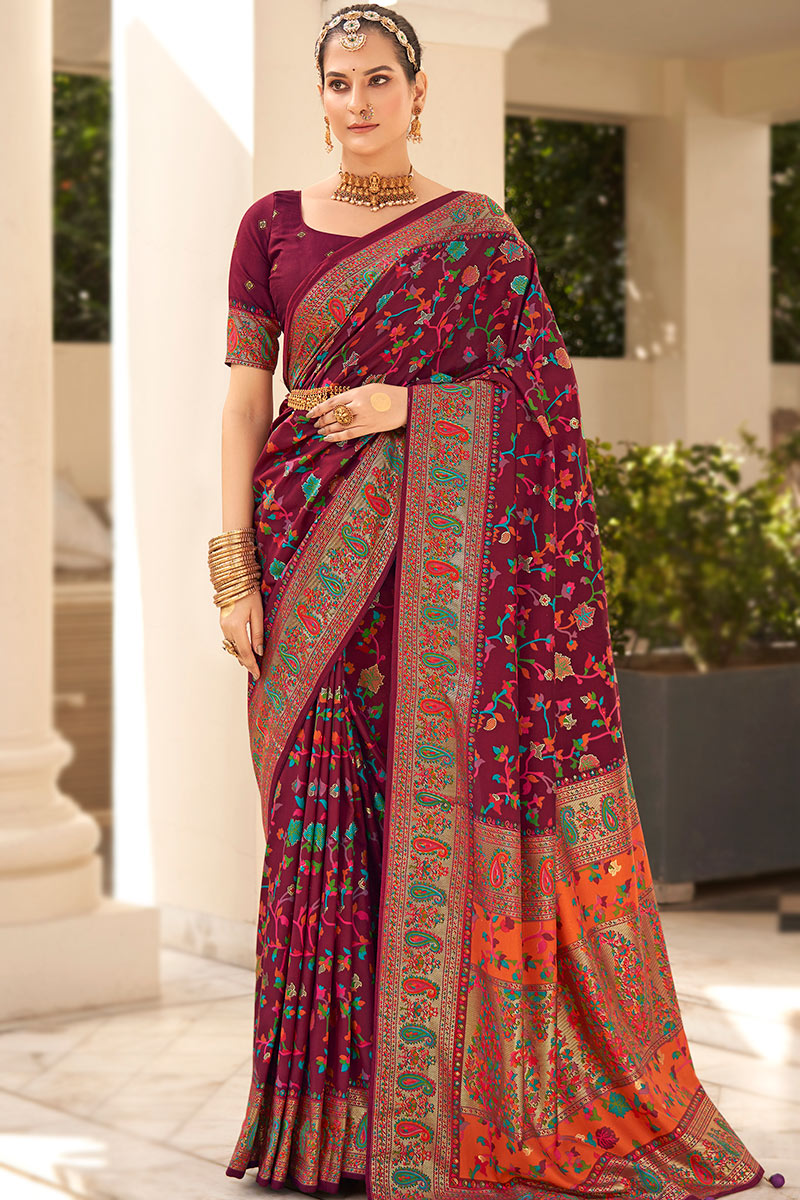 Pashmina Tusser Silk Saree in Maroon