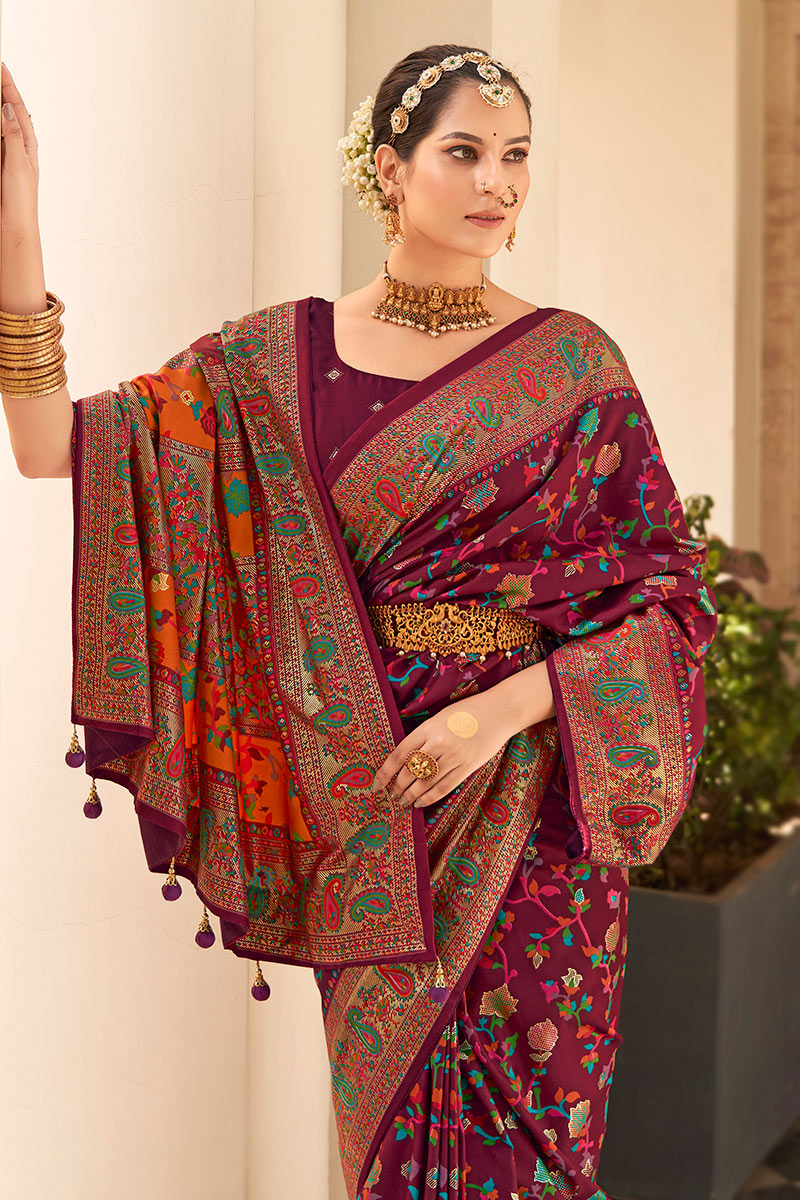 Pashmina Tusser Silk Saree in Maroon