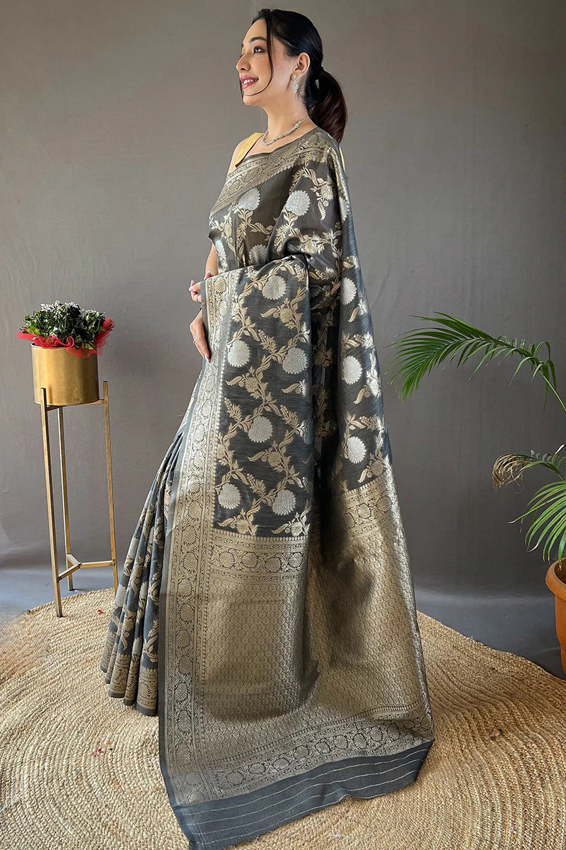 Stone Gray Color Zari Woven Linen Traditional Saree