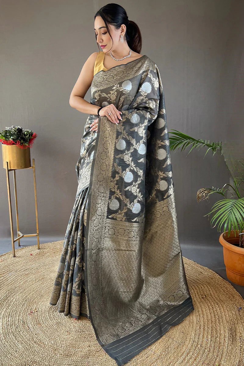 Stone Gray Color Zari Woven Linen Traditional Saree