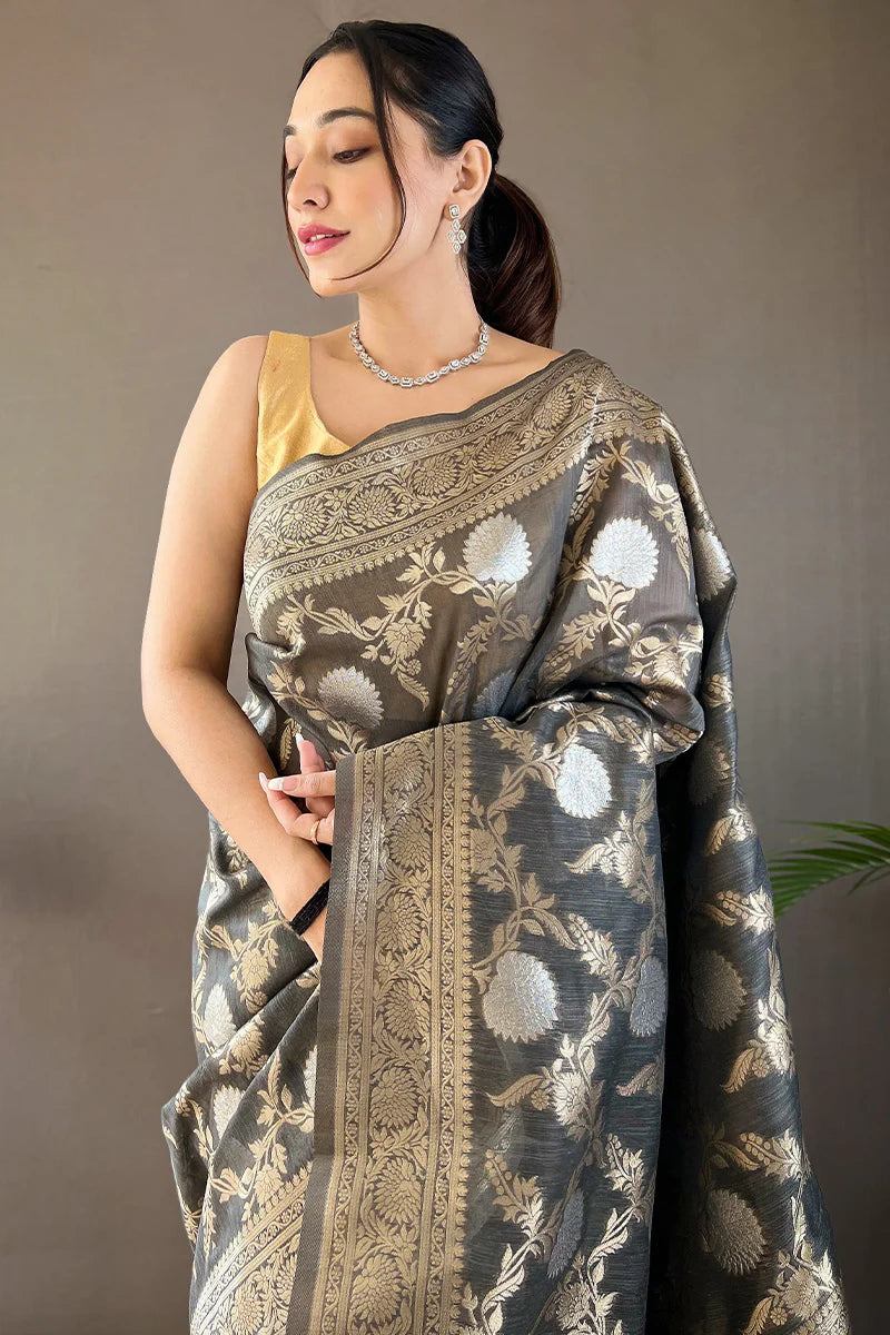 Stone Gray Color Zari Woven Linen Traditional Saree