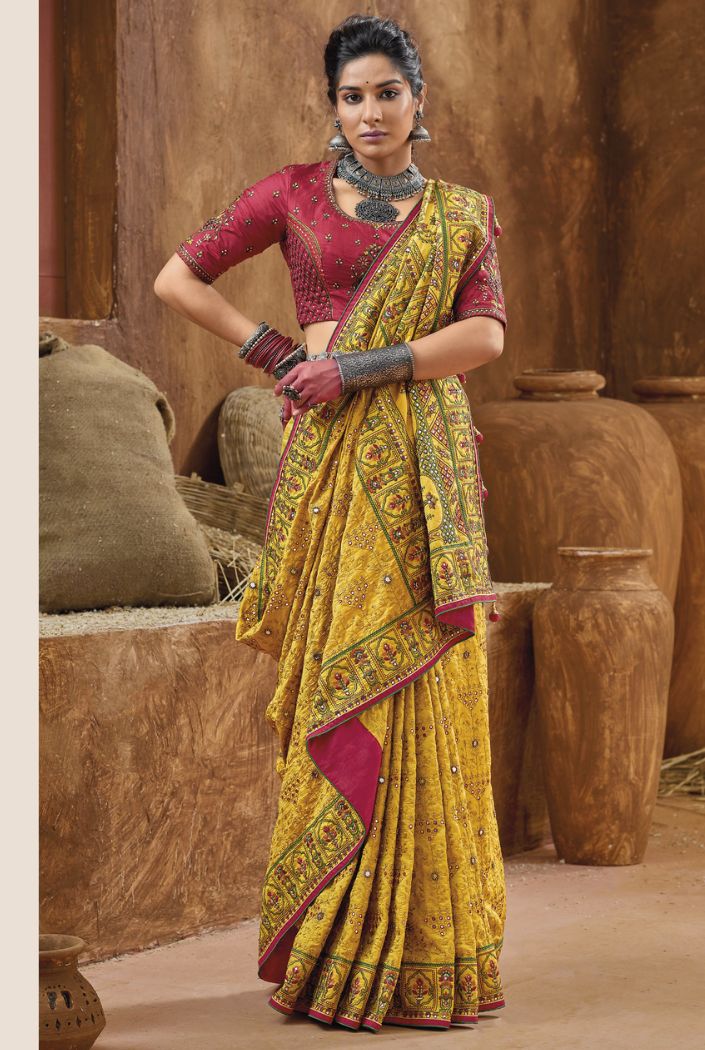 Alpine Yellow Embroidered Designer Kacchi Work Saree