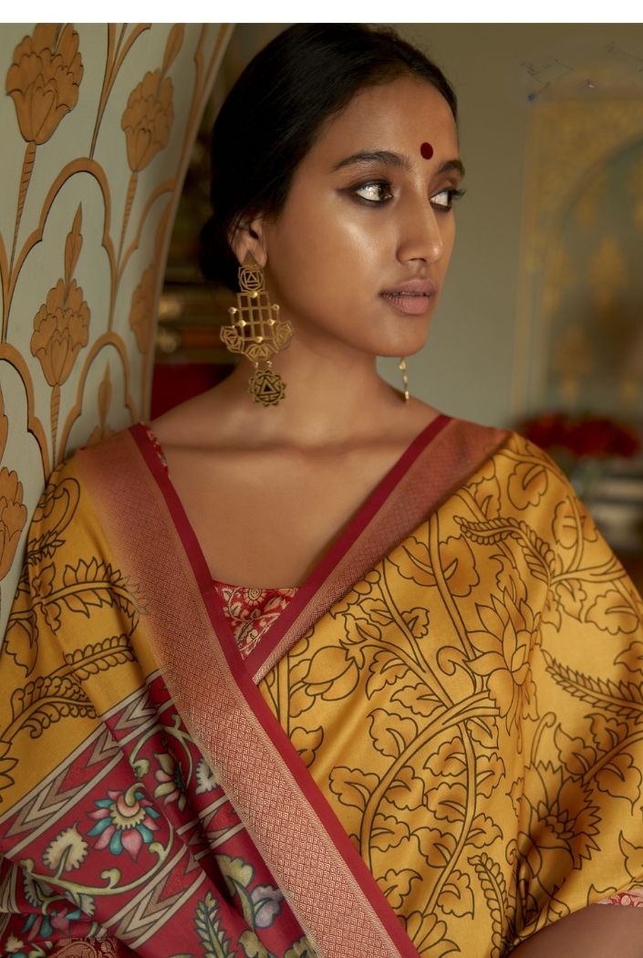 Tussock Yellow Printed Kalamakri Silk Saree