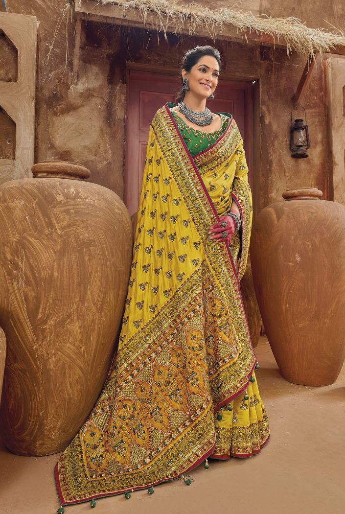 Anzac Yellow and Green Embroidered Designer Kacchi Work Saree