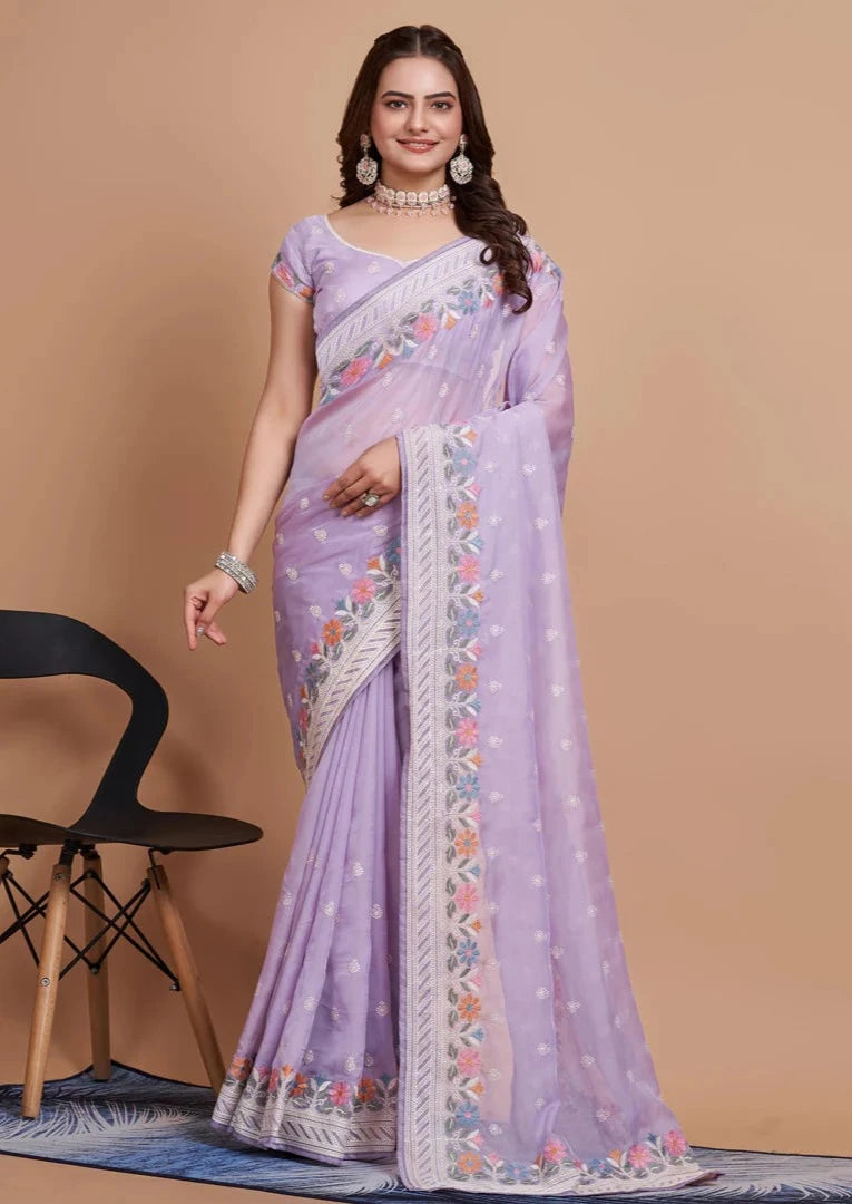 Beautiful  Soft Taby Silk Organza Saree With C-Pallu & All Over Embroidery Work