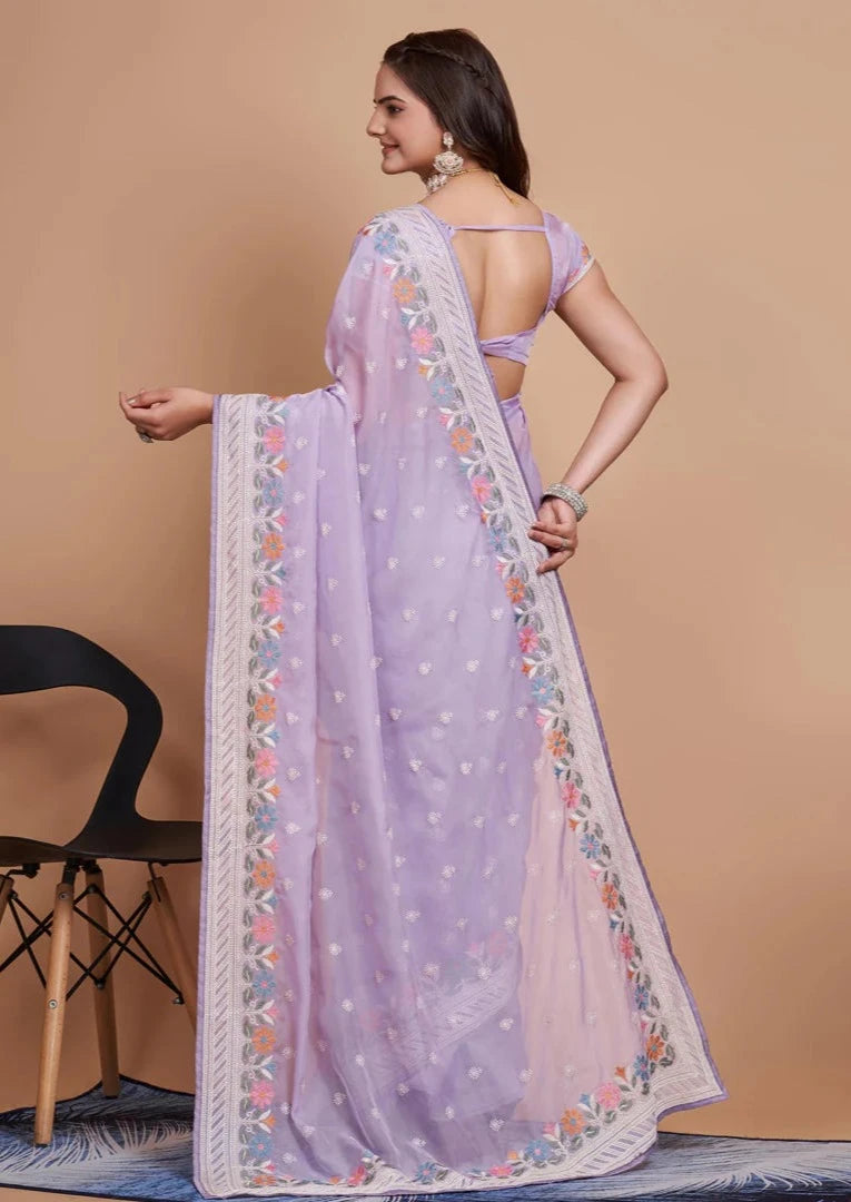 Beautiful  Soft Taby Silk Organza Saree With C-Pallu & All Over Embroidery Work